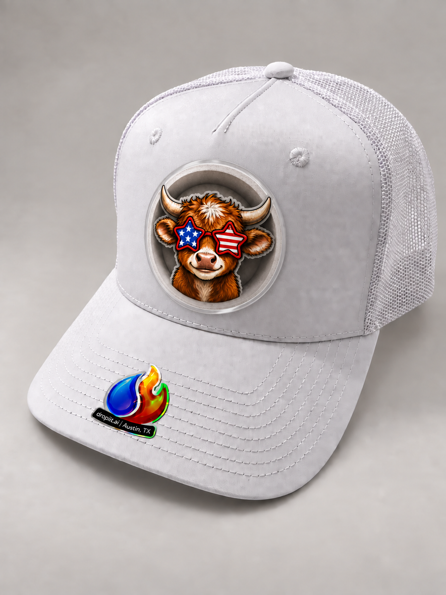 A playful cow design on a white hat