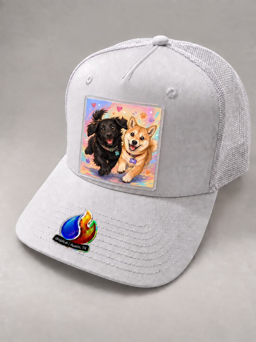 Two playful pups on a white hat