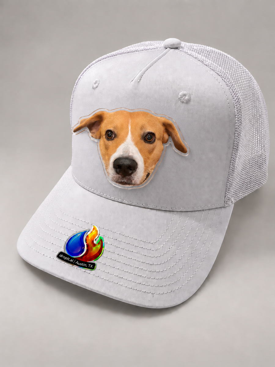 A custom dog portrait on a white hat
